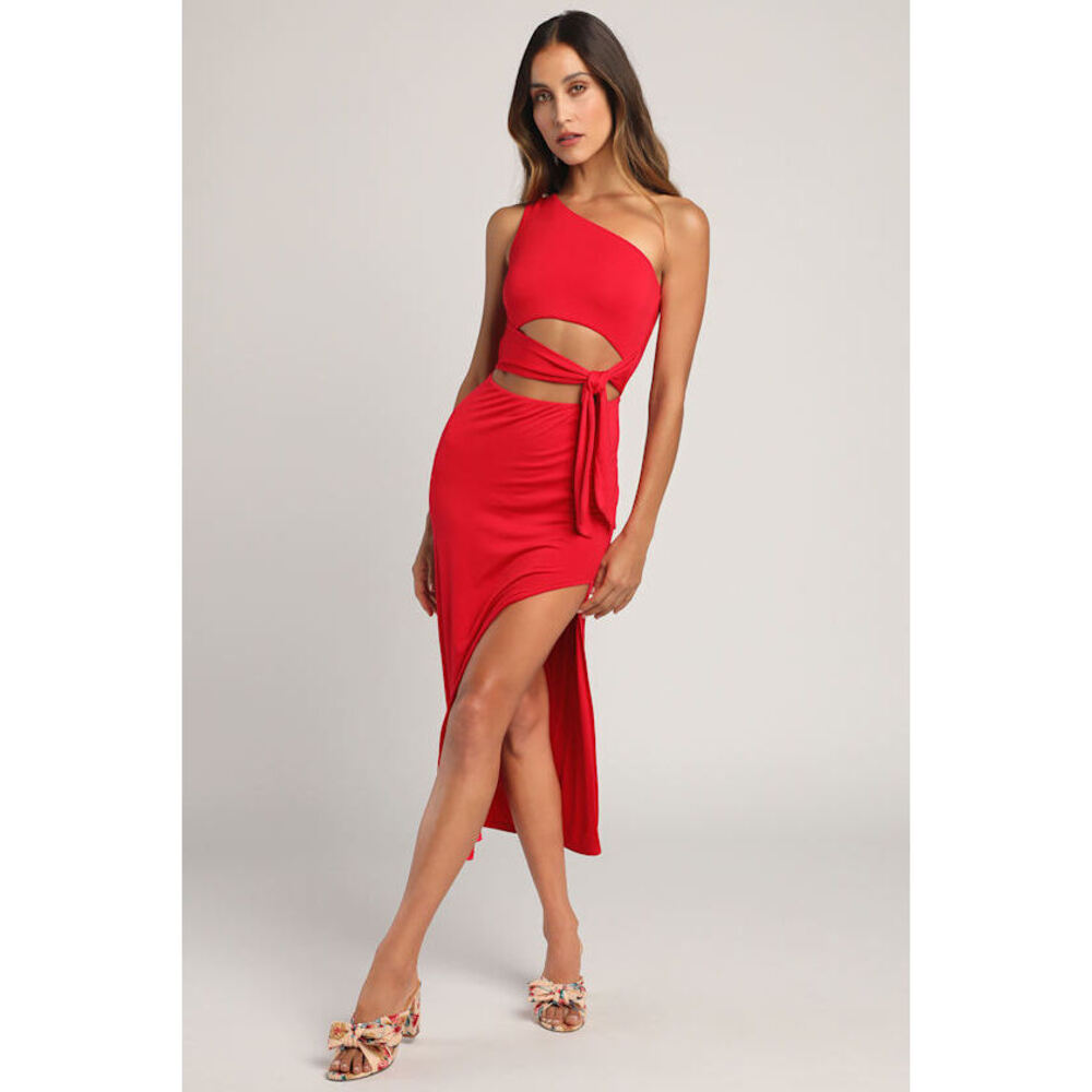 Lulus Magnetic Mystique Red One-shoulder Side-tie Cutout Midi Dress - Size M